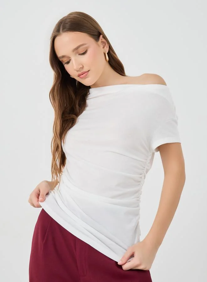تايك تو Take Two Solid Off Shoulder T-Shirt with Gathered Detail