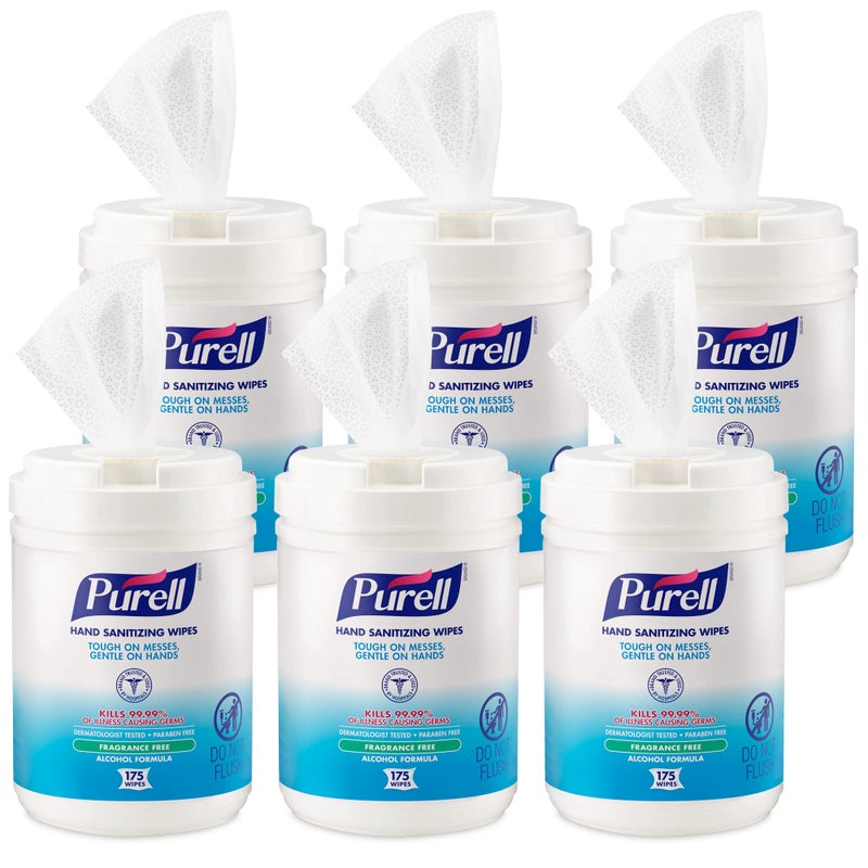 PURELL Hand Sanitizing Wipes Alcohol Formula, Fragrance Free, 175 Count Hand Sanitizing Wipes Canisters (Pack of 6) - 9031-06,White - Image 1