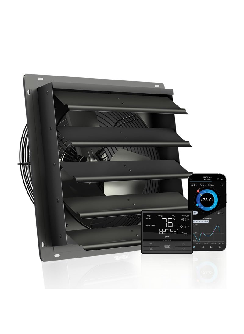 AC Infinity AIRLIFT T16 Shutter Exhaust Fan 16 with WiFi Temperature Humidity Controller ECMotor Wall Mount Ventilation and Cooling for Sheds Attics Workshops and Greenhouses