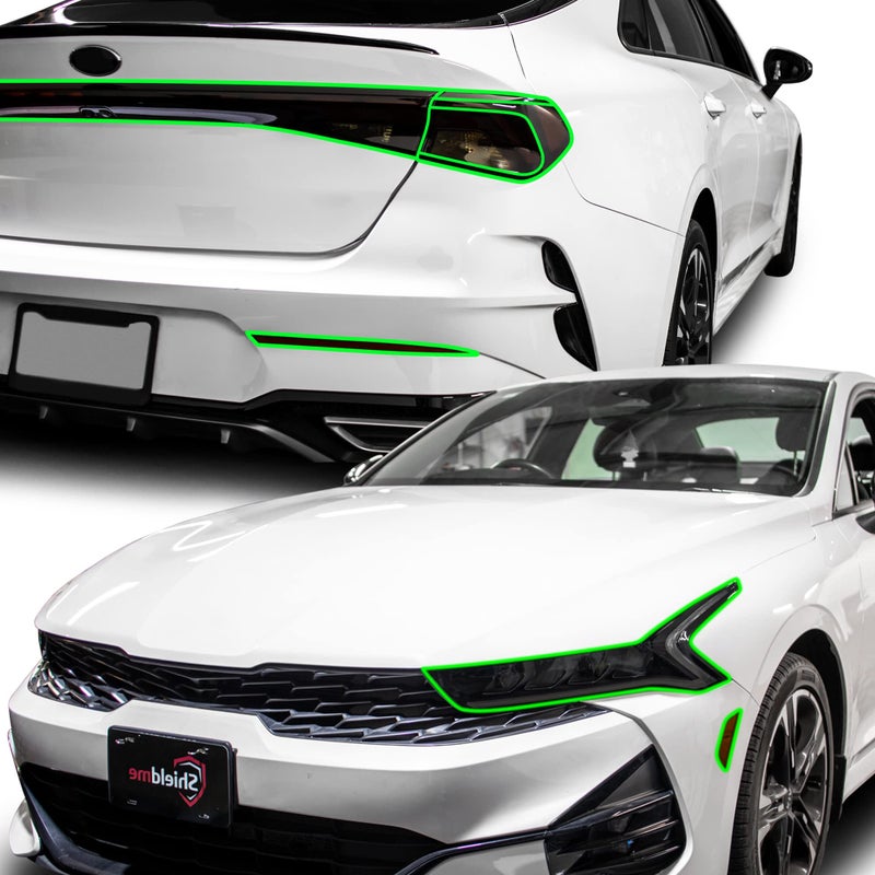 مجموعة أفلام تظليل المصابيح الأمامية والخلفية وعاكس الضوء وعلامة الجانب وضوء الفرامل الثالث من BOGAR TECH DESIGNS متوافقة مع كيا K5 20212024 دخان داكن