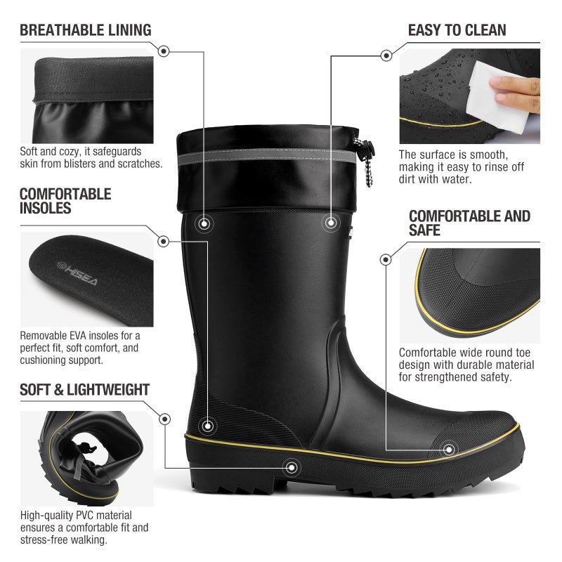 HISEA Men's Rubber Rain Boots Waterproof Durable Non Slip Mid Calf Boots for Garden Fishing Outdoor with Adjustable Closure - Image 4