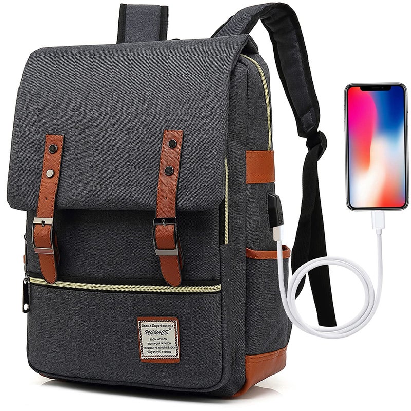 UGRACE حقيبة ظهر قديمة من UGRACE مع منفذ شحن USB، حقيبة سفر أنيقة مقاومة للماء، حقيبة يومية غير رسمية للكلية للرجال والنساء، تناسب حتى لابتوب بحجم 15.6 إنش باللون الأسود - Image 1