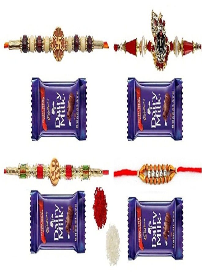 VR Creatives Om Rakhi, Krishna Face rakhi and Diamond Line, Swastika Four 4 Rakhi Combo Set with 4 Chocolate for Brother - Image 1