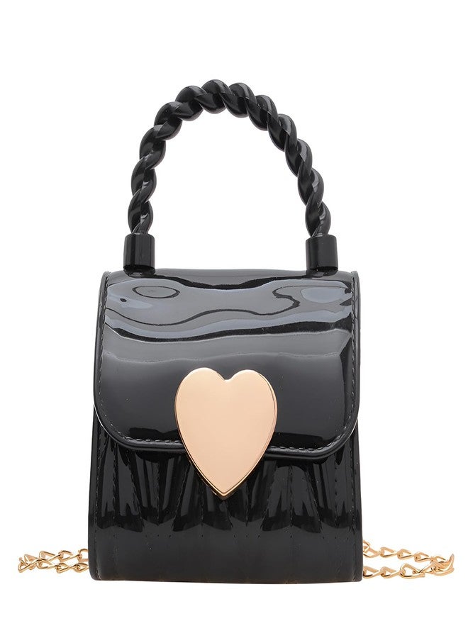SYGA Girls Stylish Heart-Lock Mini PVC Handbag - Small Square Bag with Chain Strap(Black) - Image 1