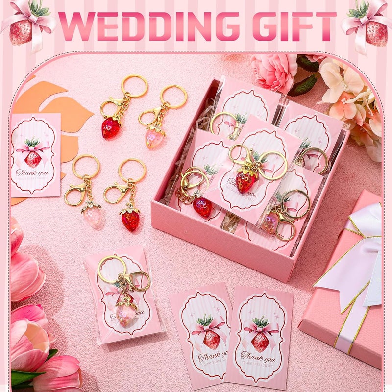 20 مجموعة من هدايا حفلات الفراولة الوردية مع القوس، سلسلة مفاتيح فراولة لطيفة، بطاقة شكر للضيوف، هدية حفلة عيد ميلاد أول للفواكه والتوت، حفلة استقبال المولود الحلوة، حفلة الزفاف، هدية حفلة العروس - Image 3