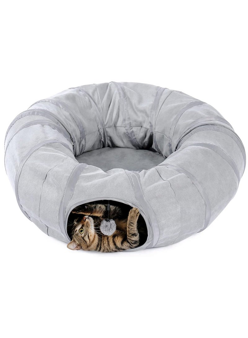 اليسا سرير نفق للقطط مع حصيرة مركزية وفتحة نظرة خاطفة سرير للقطط مع لعبة للقطط كرات معلقة سرير نفق 95x95x24 سم - Image 1