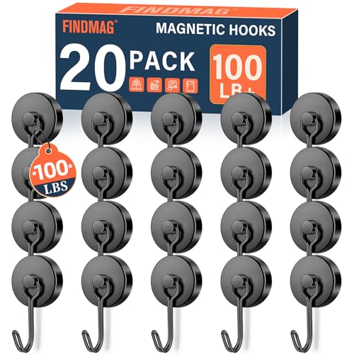 FINDMAG 100 LBS Magnetic Hooks Heavy Duty 20 Pack Extra Strong Magnetic Hooks for Hanging Neodymium Magnet with Hook for Cruise Cabins Large Magnetic Swivel Hooks for Garage Kitchen Office Grill - Image 1