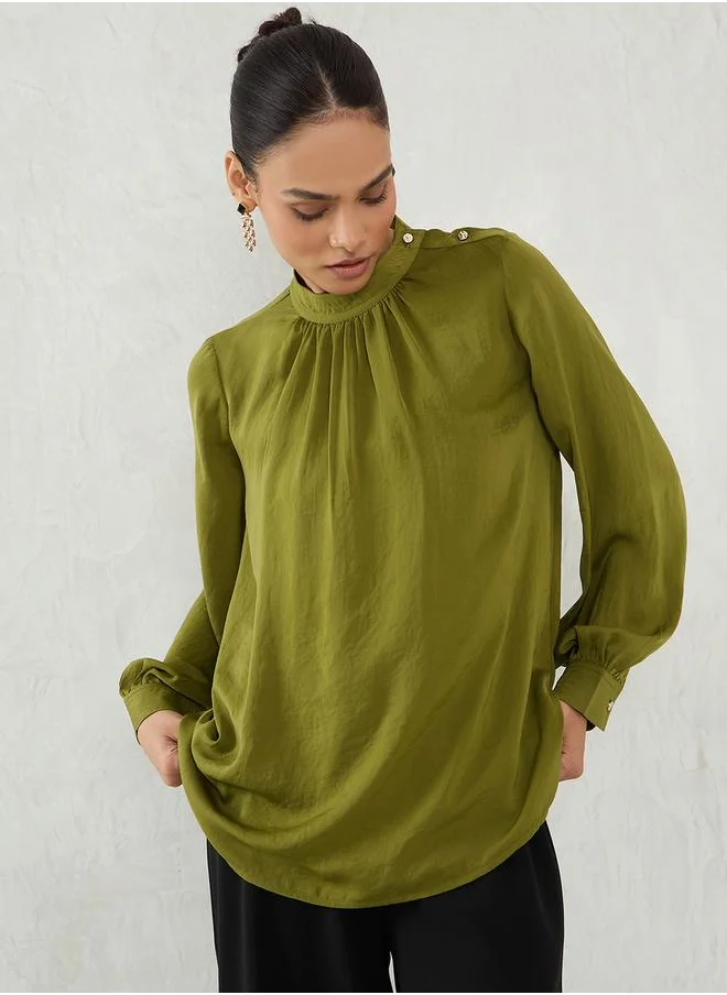 فيميلا Plain Satin Shoulder Button Detail Top by Styli