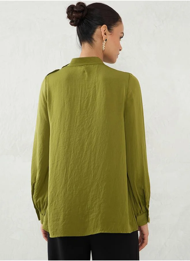 فيميلا Plain Satin Shoulder Button Detail Top by Styli