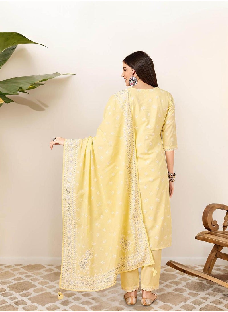 ISHIN Women's Yellow 100% Cotton Embellished Tunic Full Length Casual Straight Fit Kurta Set  - Image 5