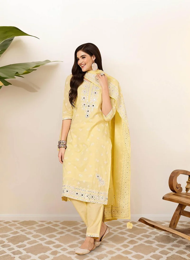 آي شين Women's Yellow 100% Cotton Embellished Tunic Full Length Casual Straight Fit Kurta Set