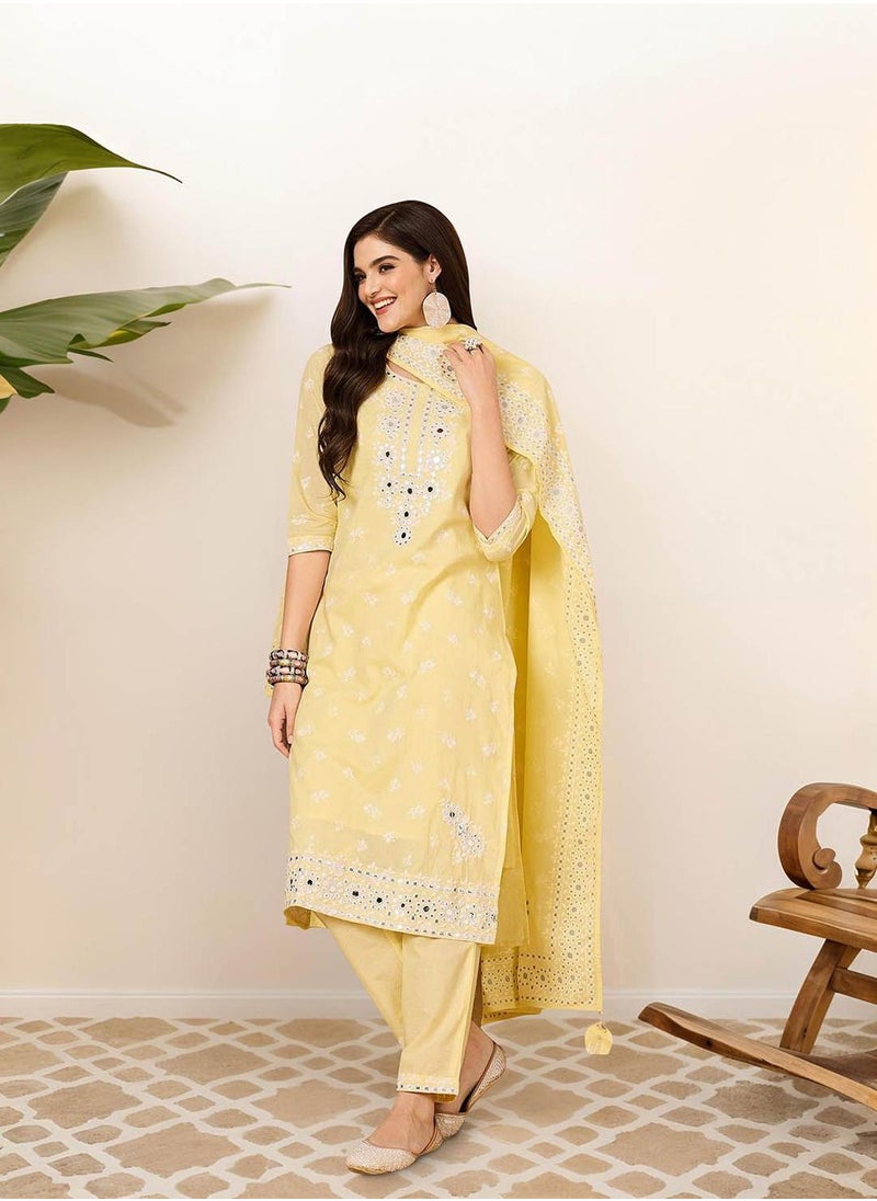 ISHIN Women's Yellow 100% Cotton Embellished Tunic Full Length Casual Straight Fit Kurta Set  - Image 3