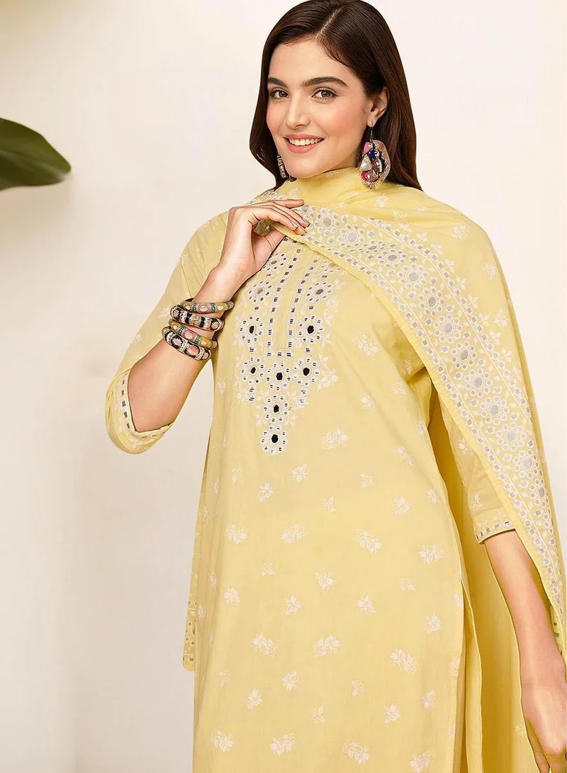 آي شين Women's Yellow 100% Cotton Embellished Tunic Full Length Casual Straight Fit Kurta Set