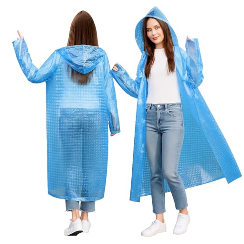 HACER Hooded Raincoat for Women EVA Water Resistant Full Length Long Sleeves Lightweight Rainwear with Hood for Adults Camping Hiking Trekking (Pack of 1, Blue, Free Size) - Image 1