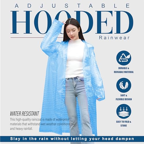 HACER Hooded Raincoat for Women EVA Water Resistant Full Length Long Sleeves Lightweight Rainwear with Hood for Adults Camping Hiking Trekking (Pack of 1, Blue, Free Size) - Image 4