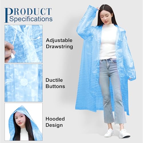 HACER Hooded Raincoat for Women EVA Water Resistant Full Length Long Sleeves Lightweight Rainwear with Hood for Adults Camping Hiking Trekking (Pack of 1, Blue, Free Size) - Image 3
