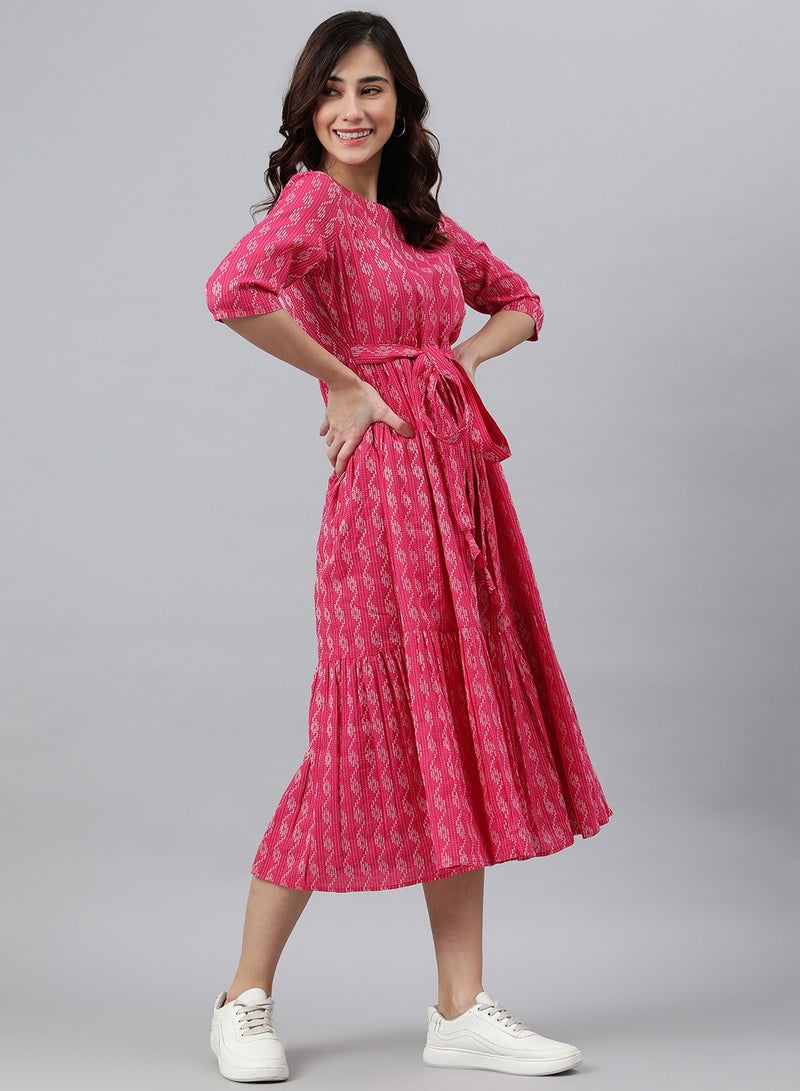 IndHeritage Premium Dress - Latest dress collection - Pure cotton pink colour mid calf length dress with prints - Stylish trending Indo Western Dress - Image 2