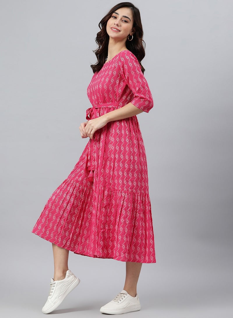 IndHeritage Premium Dress - Latest dress collection - Pure cotton pink colour mid calf length dress with prints - Stylish trending Indo Western Dress - Image 3