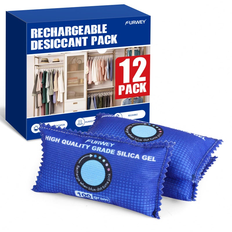 FURWEY 12 Pack Rechargeable Desiccant Packs, 100g Each, Blue, Color Indicating Silica Gel Dehumidifier Bags for Storage, Closets, Cars, Bins - Image 1