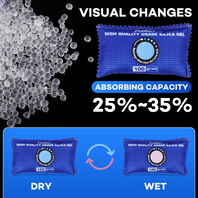 FURWEY 12 Pack Rechargeable Desiccant Packs, 100g Each, Blue, Color Indicating Silica Gel Dehumidifier Bags for Storage, Closets, Cars, Bins - Image 3
