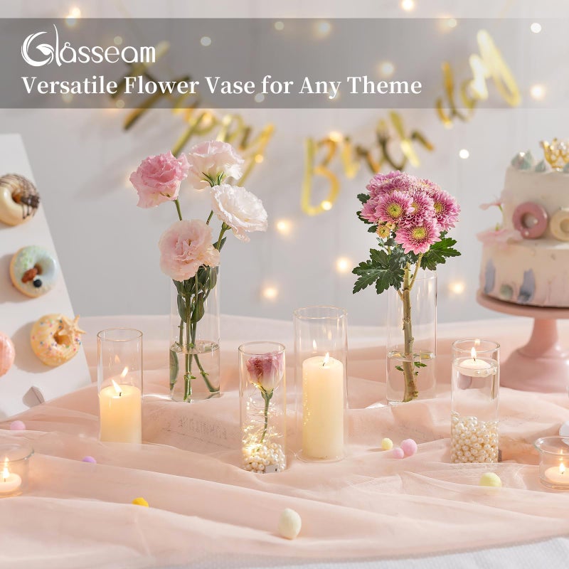 Glasseam Glass Cylinder Vase in Bulk: 32pcs Clear Small Bud Flower Vases for Centerpieces - Modern Hurricane Pillar or Floating Candle Holder for Wedding Party Table Living Room Home Decor, Tall 6"+7" - Image 5