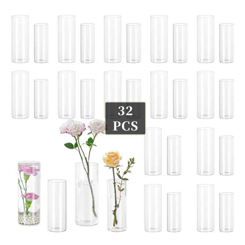Glasseam Glass Cylinder Vase in Bulk: 32pcs Clear Small Bud Flower Vases for Centerpieces - Modern Hurricane Pillar or Floating Candle Holder for Wedding Party Table Living Room Home Decor, Tall 6"+7" - Image 1