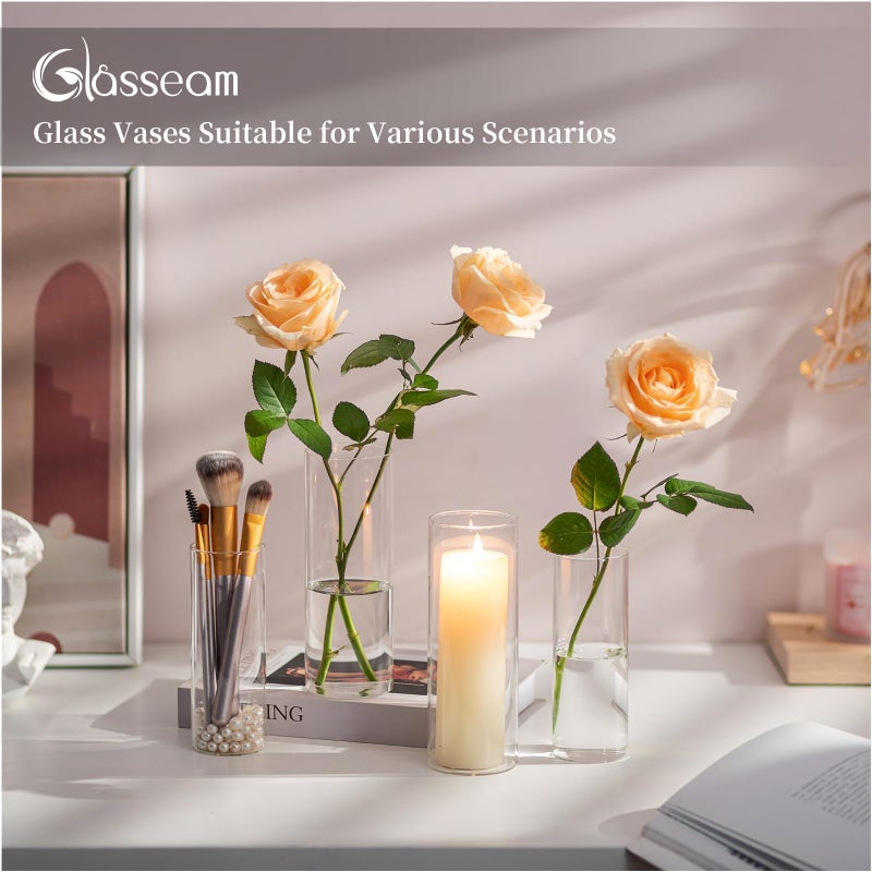 Glasseam Glass Cylinder Vase in Bulk: 32pcs Clear Small Bud Flower Vases for Centerpieces - Modern Hurricane Pillar or Floating Candle Holder for Wedding Party Table Living Room Home Decor, Tall 6"+7" - Image 4