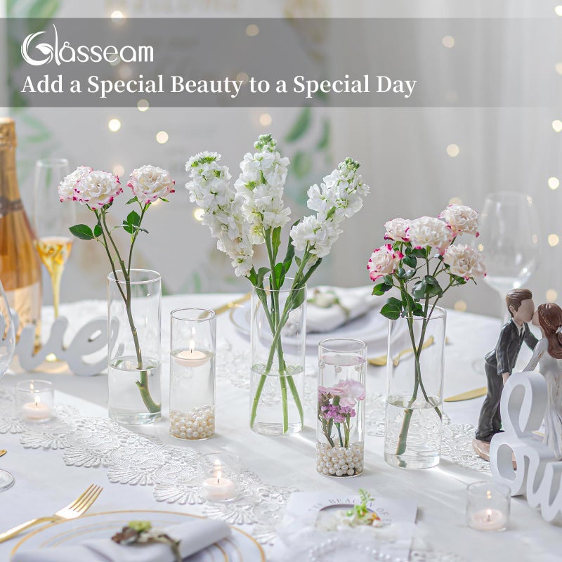 Glasseam Glass Cylinder Vase in Bulk: 32pcs Clear Small Bud Flower Vases for Centerpieces - Modern Hurricane Pillar or Floating Candle Holder for Wedding Party Table Living Room Home Decor, Tall 6"+7" - Image 3