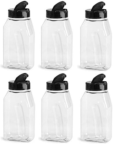 Nakpunar Nakpunar 6 pcs 16 oz Clear Plastic Spice Jars with Black Lid and Freshness Seals  Pet Bottle with Shaker and Open Sided Lined Dispenser Caps  Set of 6  PET Made in USA  - Image 1