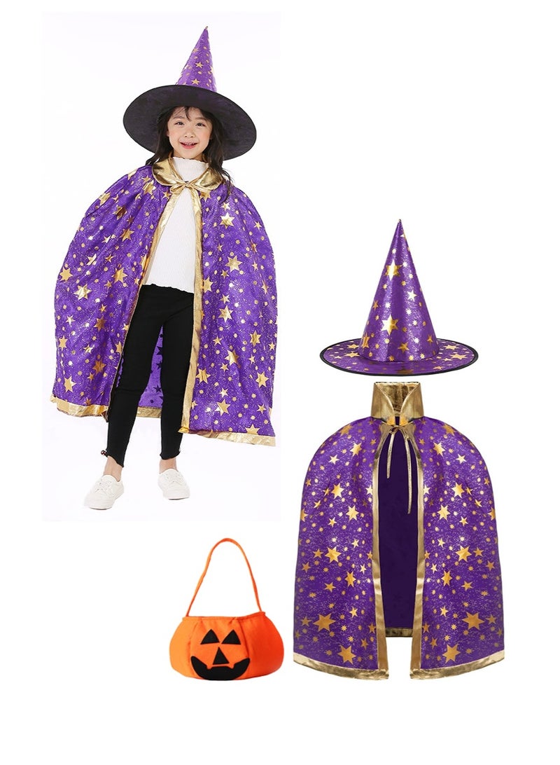 TAPIT Halloween Wizard Cloak for Children, Stars Pattern Witch Cloak and Hat, Halloween Kid's Wizard Costume for Boys and Girls, with Pumpkin Candy Bag (Purple) - Image 1