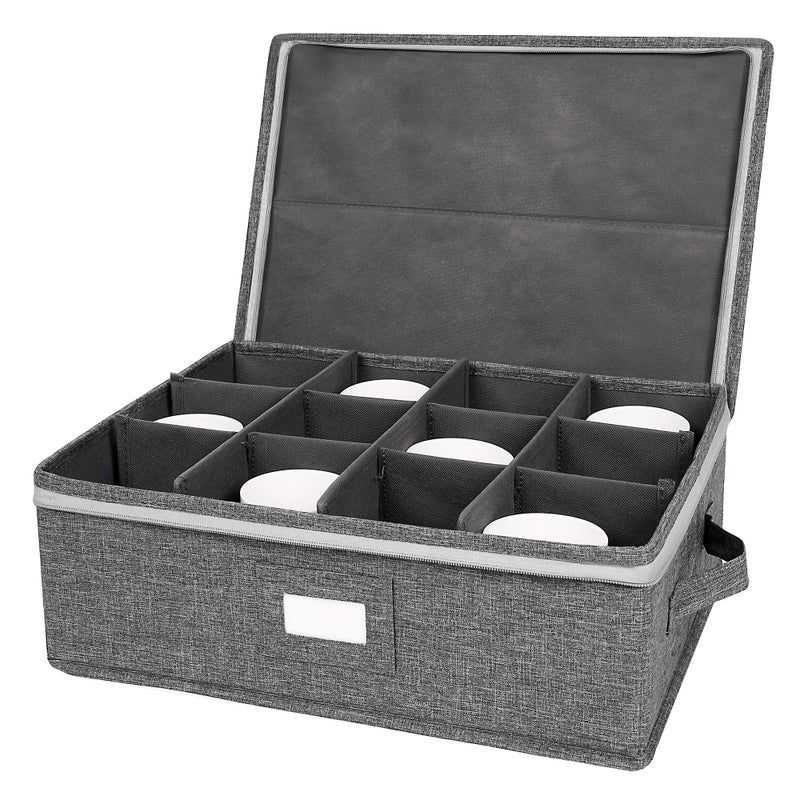 popoly Cup and Mug Storage Box China Cup Storage Containers Chest with Zipper Lid and Handles Holds 12 Coffee Mugs and Tea Cups Hard Shell and Stackable Grey