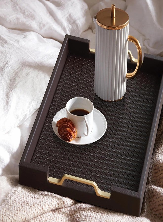 HofferRuffer Faux Leather Rectangle Serving Tray Decor Platter with Gold Metal Handles for Coffee Table, Breakfast, Tea, Food, Countertop, Kitchen, Butler Tray, 16.2 x 12.2 x 2 inches (Coffee) - Image 4
