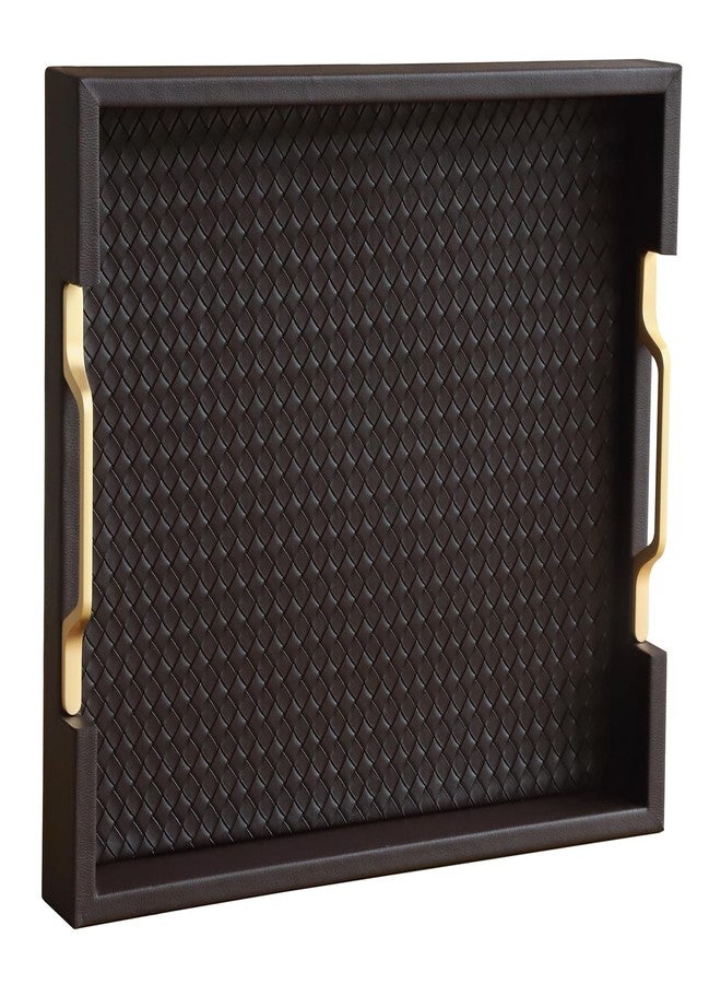 HofferRuffer Faux Leather Rectangle Serving Tray Decor Platter with Gold Metal Handles for Coffee Table, Breakfast, Tea, Food, Countertop, Kitchen, Butler Tray, 16.2 x 12.2 x 2 inches (Coffee) - Image 1
