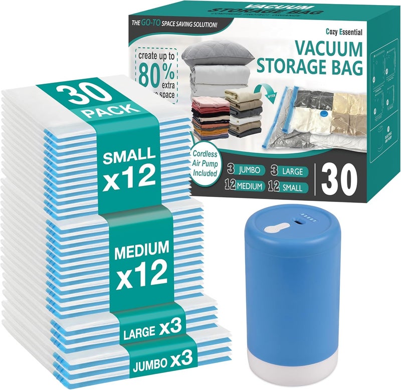 Cozy Essential Vacuum Storage Bags with Electric Pump, Pack of 30 (3 Jumbo / 3 Large / 12 Medium / 12 Small), Vacuum Sealing, Space-Saving Bags for Clothes, Pillows, Blankets, Bedding, Comforters - Image 1