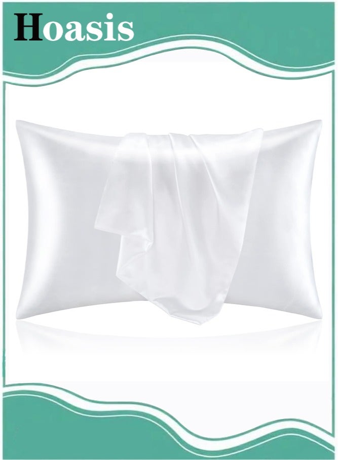 ح واحة وسادة من بيدلايت مصنوع من الساتان الحريري للحفاظ على الشعر والبشرة، طقم يتضمن 2 غطاء وسادة مقاس كوين بملمس حريري فائق النعومة مع اغلاق مغلف بلون ابيض، مقاس 127 × 191 سم (50 × 75) - Image 1