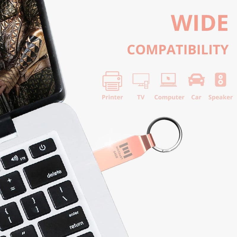 موس دارت محرك أقراص فلاش MOSDART مقاوم للماء 64GB USB2.0، exFAT، عصا ذاكرة معدنية مع سلسلة مفاتيح، للنسخ الاحتياطي للنظام، تخزين البيانات، ذهبي وردي (عبوة من 2) - Image 2