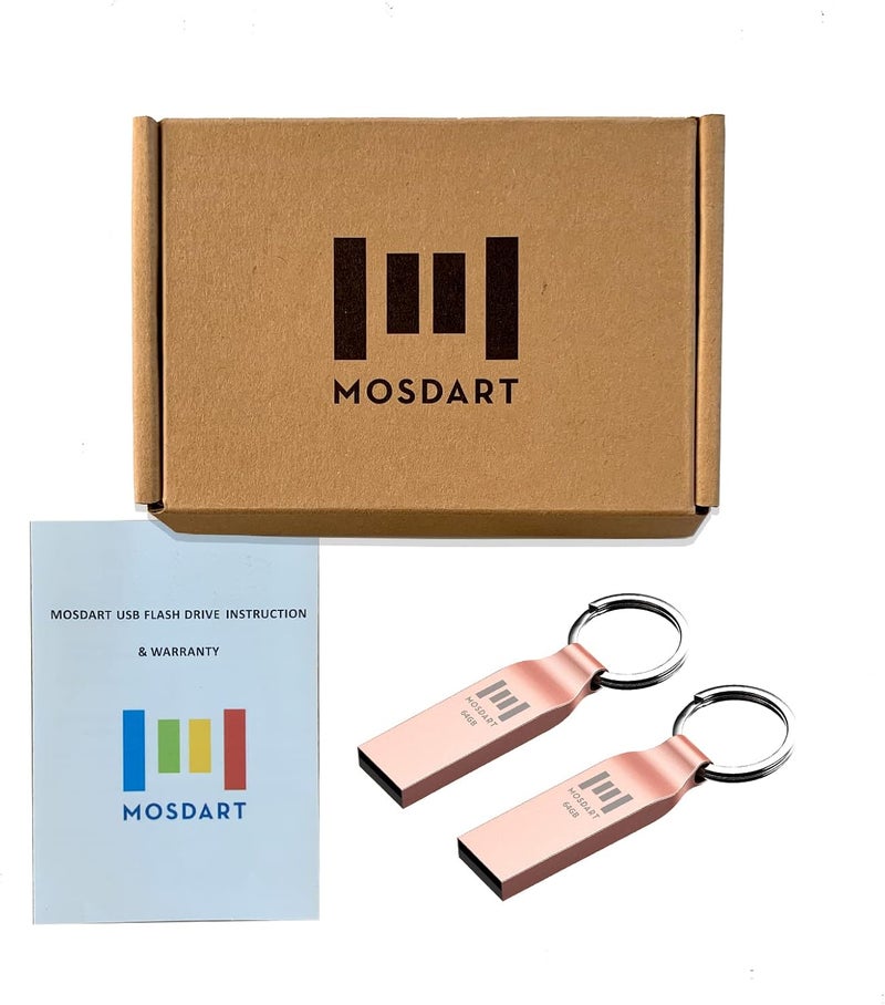 موس دارت محرك أقراص فلاش MOSDART مقاوم للماء 64GB USB2.0، exFAT، عصا ذاكرة معدنية مع سلسلة مفاتيح، للنسخ الاحتياطي للنظام، تخزين البيانات، ذهبي وردي (عبوة من 2) - Image 5
