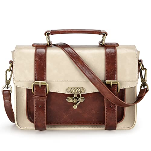 ECOSUSI Women PU Leather Satchel Purse Vintage Small College Crossbody Messenger Bag Work Cross-body Bag, Brown+ Beige - Image 1