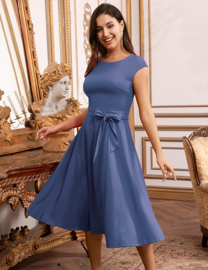 DRESSTELLS Cocktail Womens Dresses for Wedding Guest, Semi Formal Spring Easter Summer Vintage Tea Party Modest Western Church Midi Dress Greyblue L - Image 2