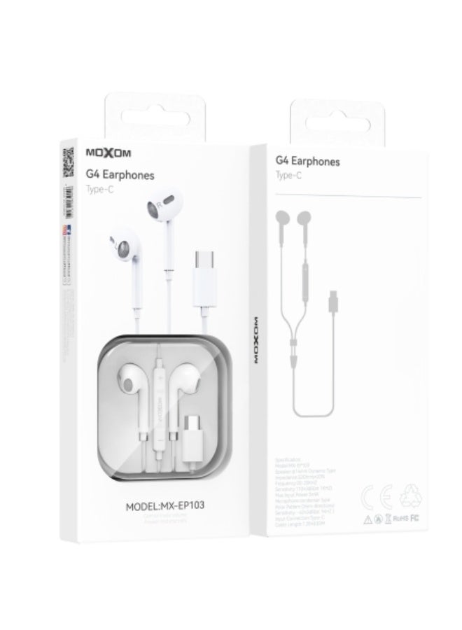 MOXOM G4 MX-EP103 Type-C Wired Earphones with Mic & Music Control White - Image 1