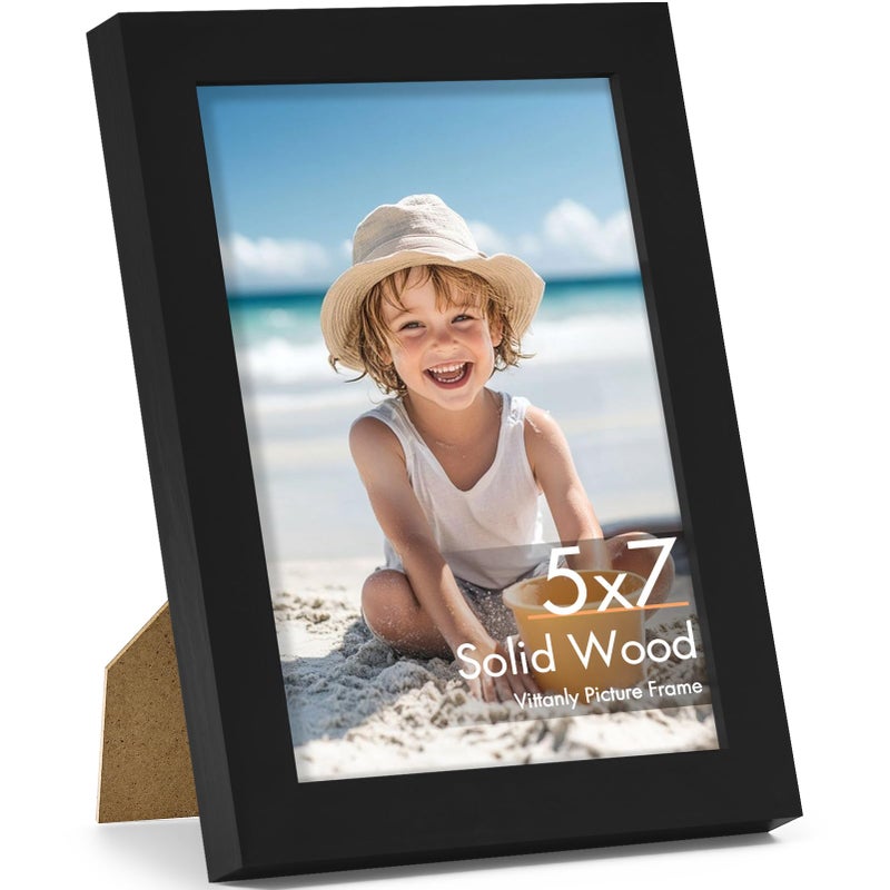 Vittanly 5x7 Picture Frame, Made of Solid Wood and Shatterproof Plexiglass, Wooden Photo Frame for Wall Mounting or Tabletop Display, Picture Frame for Home Decor with Stand, Black, 1 Pack - Image 1