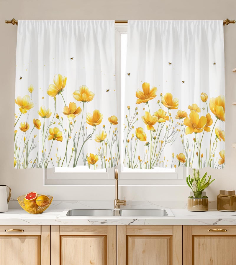 Stanoha Kitchen Curtains (2 Pcs) Over Sink for Bathroom Window Cafe Basement Cortinas para Cocina Farmhouse Short Mini Curtain Flower Bee Summer Daisy Elegant Country Rustic Modern Cute - 26×36" - Image 1