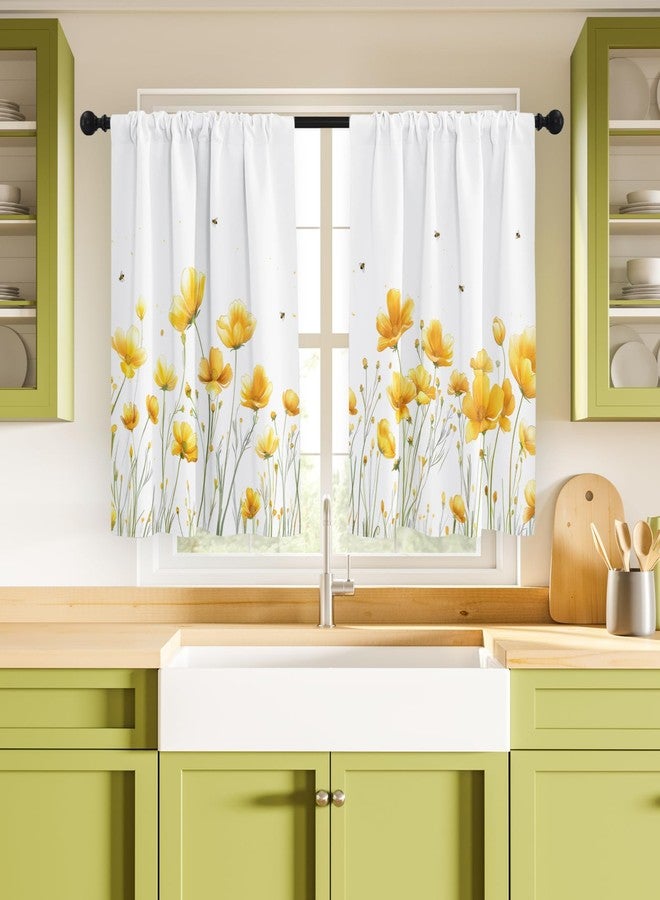 Stanoha Kitchen Curtains (2 Pcs) Over Sink for Bathroom Window Cafe Basement Cortinas para Cocina Farmhouse Short Mini Curtain Flower Bee Summer Daisy Elegant Country Rustic Modern Cute - 26×36" - Image 5