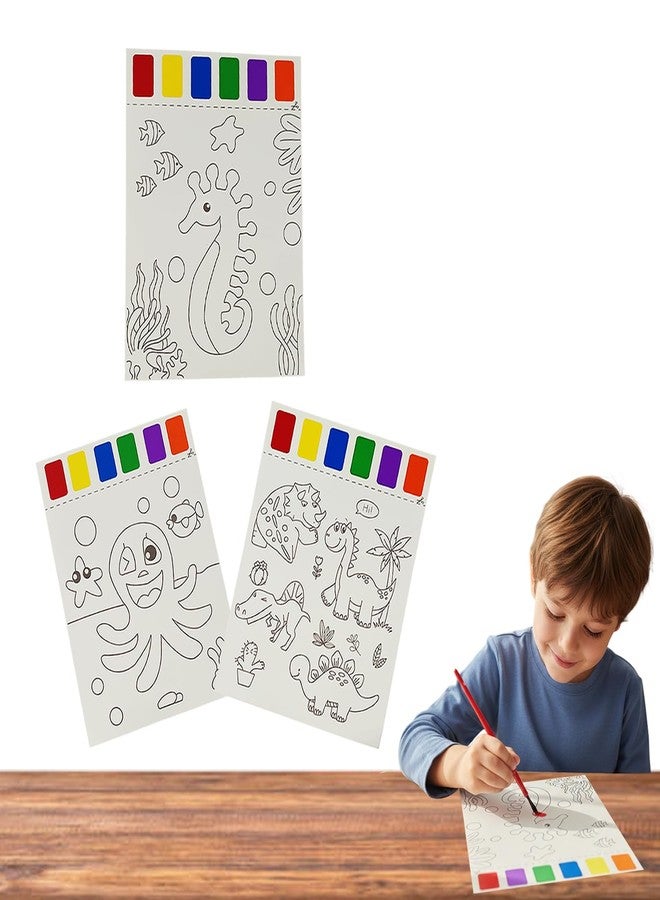 NHR Coloring Sheets with Printed Water Colors and Brush for Kids, Assorted 3 Design Painting Sheets, Educational Art Craft Drawing Activity Set for Toddlers Preschooler (Set of 3) - Image 1