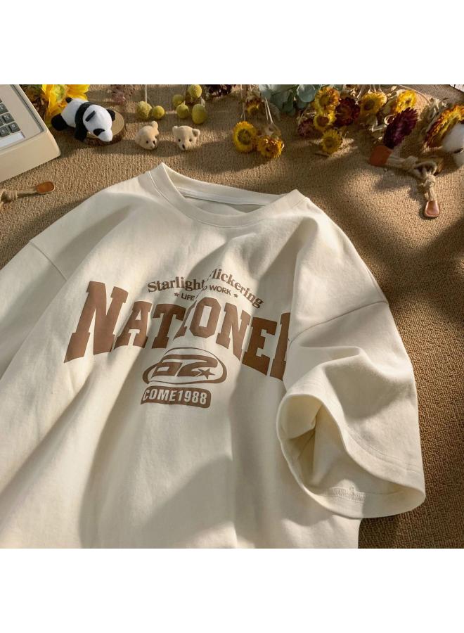 VUELO Anti-wrinkle Non-pilling American-style Retro Letter Printed Short-sleeved T-shirt Women's Summer Loose All-match Couple's Half-sleeve Top 