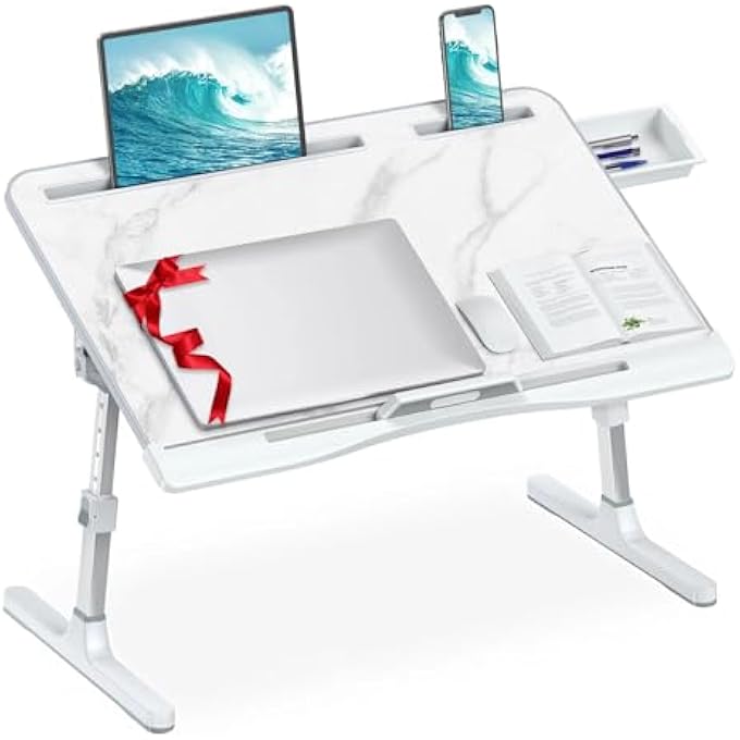 rayihni LAPTOP DESK FOR BED, ADJUSTABLE BED DESK WITH FOLDABLE LEGS STORAGE DRAWER TABLET SLOT PHONE SLOT REMOVABLE STOPPER, BED TRAY FOR WRITING WORKING READING EATING (X-LARGE, WHITE MARBLE) - Image 1