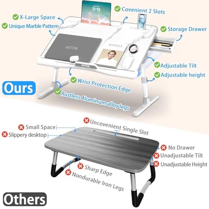 rayihni LAPTOP DESK FOR BED, ADJUSTABLE BED DESK WITH FOLDABLE LEGS STORAGE DRAWER TABLET SLOT PHONE SLOT REMOVABLE STOPPER, BED TRAY FOR WRITING WORKING READING EATING (X-LARGE, WHITE MARBLE) - Image 3