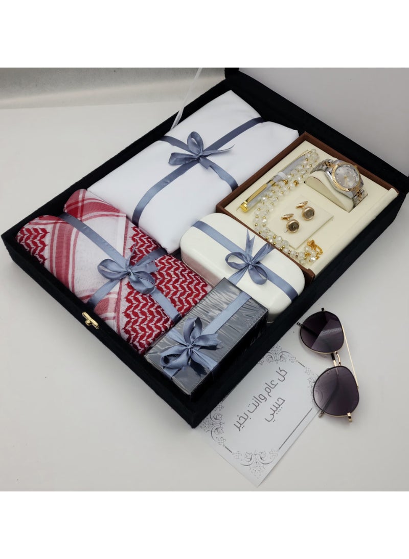 Luxury Eid Men's Gift Box with Shemagh, Ghutra, Watch & Accessories – Elegant Design 