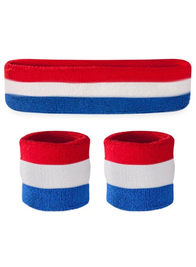 Suddora Striped Sweatband Set - (1 Headband and 2 Wristbands) Cotton for Sports & More. red - Image 1
