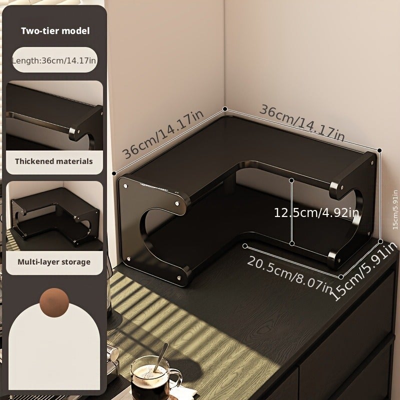 Corner Black Storage Shelf, Available in Two or Three Tiers, a Kitchen Coffee Corner Storage Organizer for Cups, Spice Jars, and More. Also Suitable as a Bathroom Cosmetics or Desktop Organizer. Ideal for Sideboards, Desks, or Vanity Countertops. - Image 1